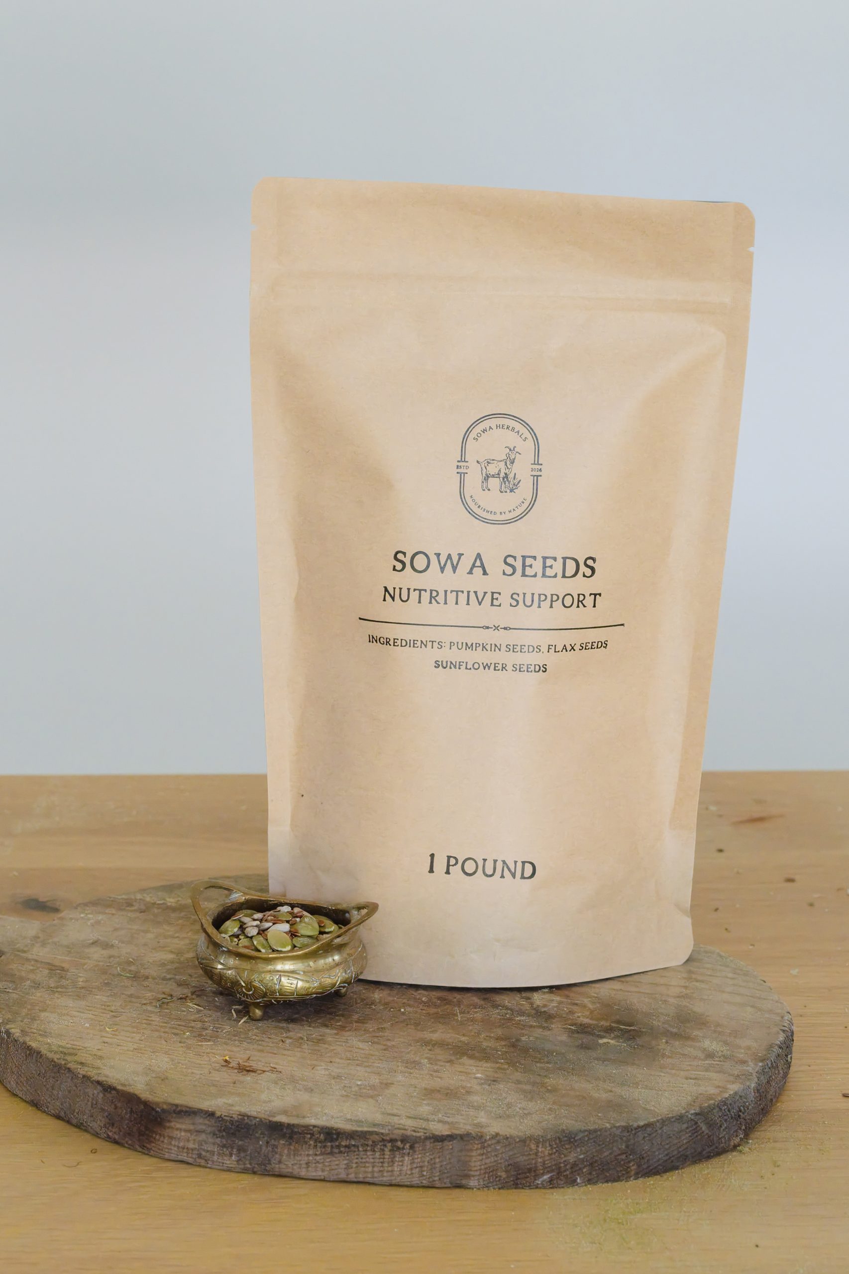 Sowa Seeds nutritive support seed blend in a one-pound pouch with loose seeds